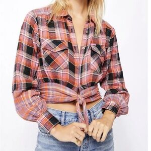 We The Free Free People Orange Plaid Button Down Tie Front Flannel Top Size XS